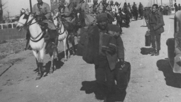 Historical black and white photograph of a military procession with mounted officer on white horse leading infantry troops down a street