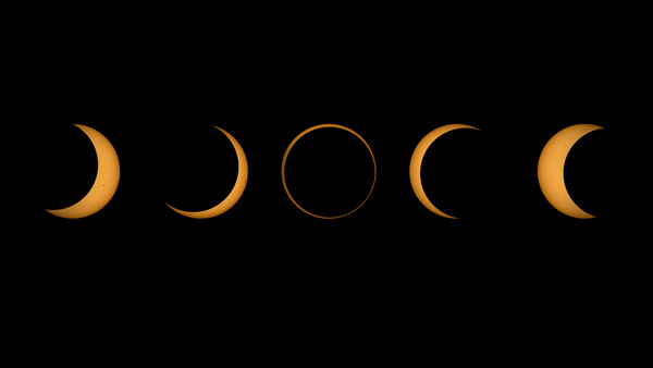 Illustration of five moon phases arranged horizontally, from crescent to full to crescent