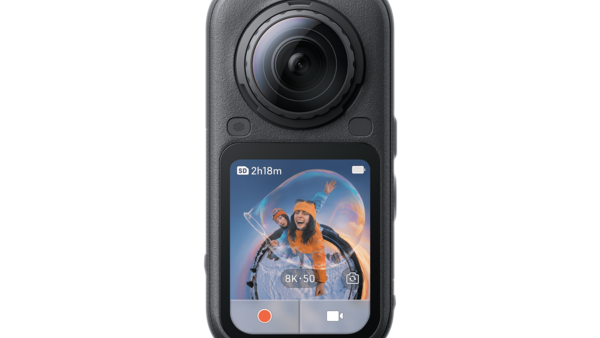 Compact handheld action camera with flip-out LCD touchscreen displaying video interface