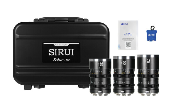 Sirui Saturn V2 cine lens kit with three lenses, carrying case, and accessories