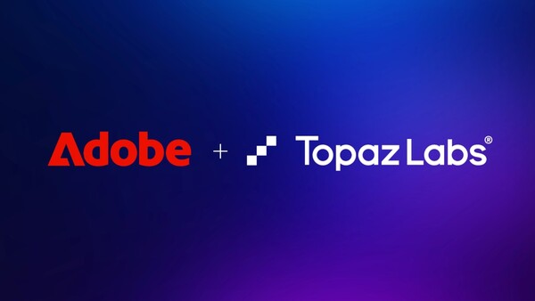 Logo graphic showing Adobe and Topaz Labs partnership with plus sign connector