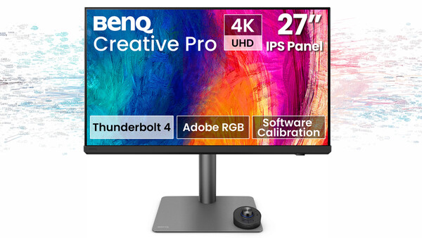 Product render of a BenQ Creative Pro 27-inch 4K monitor displaying colorful abstract artwork on its screen