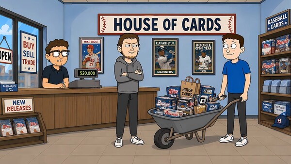 Illustration of trading card shop interior with three cartoon characters and display counter