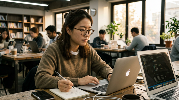Woman wearing glasses working on MacBook in collaborative office space with code visible on secondary monitor