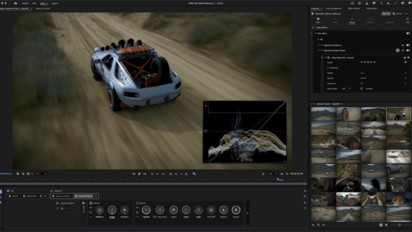 Screenshot of video editing software showing white car on dusty terrain with motion blur