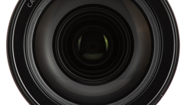 Front view of a camera lens with multiple glass elements visible through the barrel