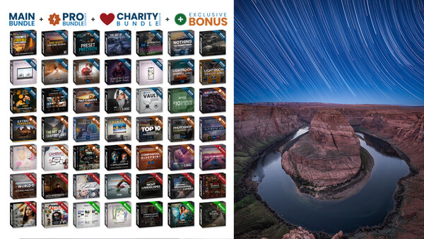 Screenshot displaying a grid of preset bundle packages alongside a landscape photograph of Horseshoe Bend