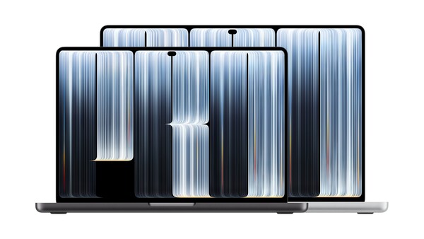 Product render of two open laptops, one dark and one silver, showing vertical blue and white light-streak wallpaper on white background