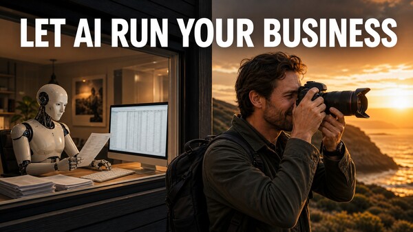Humanoid robot at a desk beside a bearded photographer shooting at sunset, under the headline 'LET AI RUN YOUR BUSINESS'