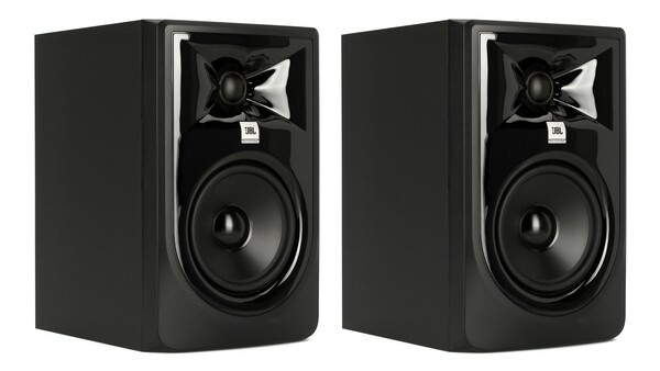 Pair of black JBL studio monitor speakers with glossy front panels, tweeters, and woofers on a white background