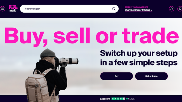 Screenshot of the MPB website homepage with the headline 'Buy, sell or trade' and a photographer using a white telephoto lens.