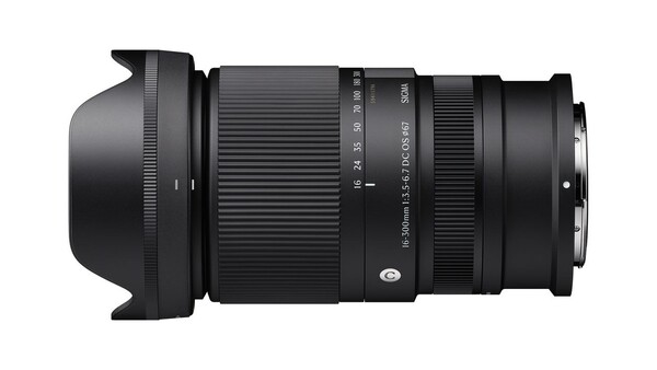 Sigma 16-50mm f/2.8 DC HSM Contemporary lens with hood mounted, side view