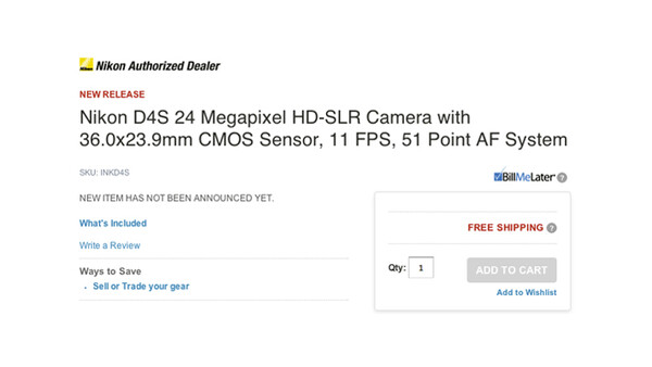 Adorama Trigger Happy, Published Nikon D4s HD-SLR Specs on Since-Deleted Page