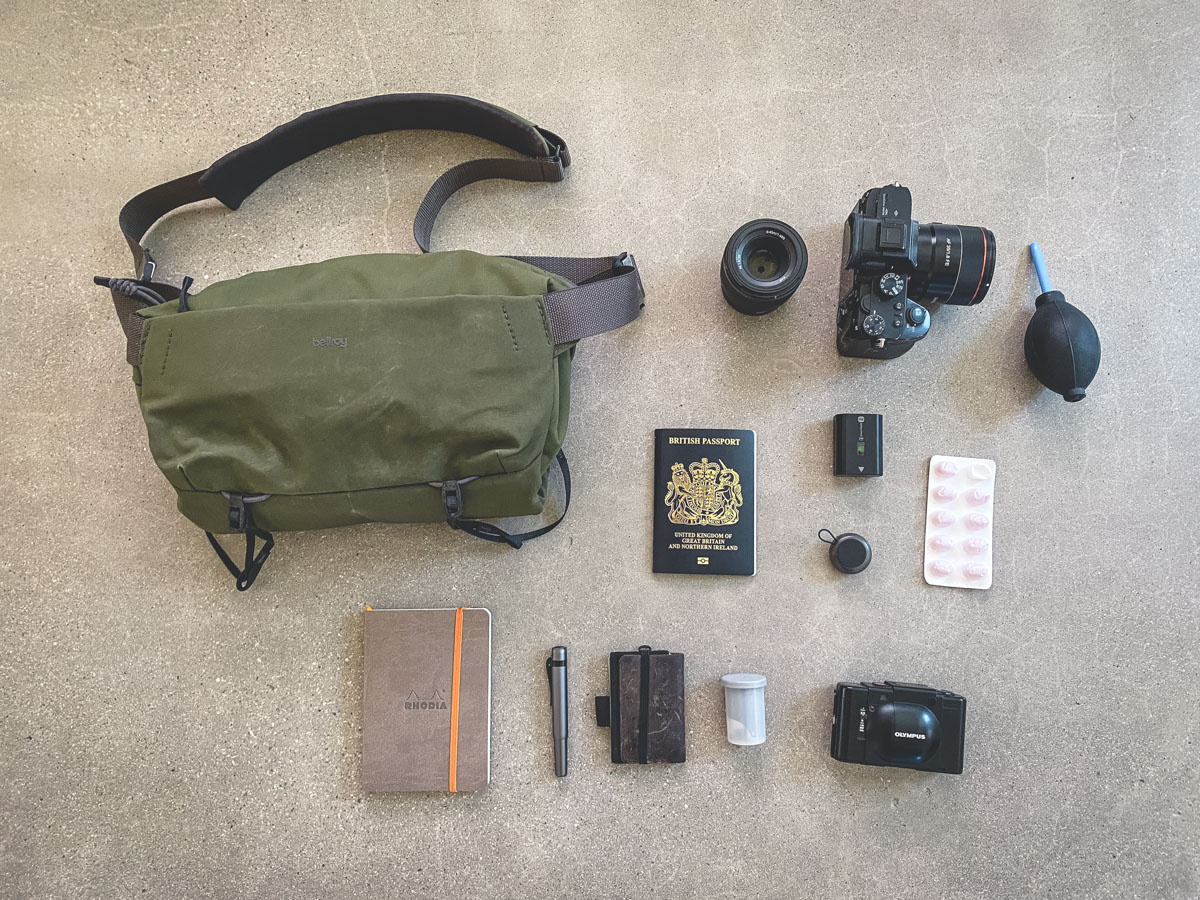 With room to spare. My a7 III and two small lenses, the Olympus XA, and a few other wedding essentials.