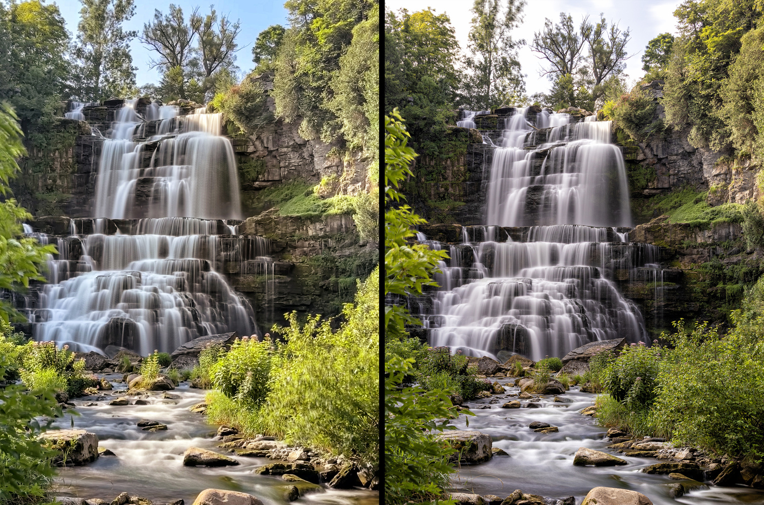 A photo of Chittenango Falls in New York taken with two very different methods.