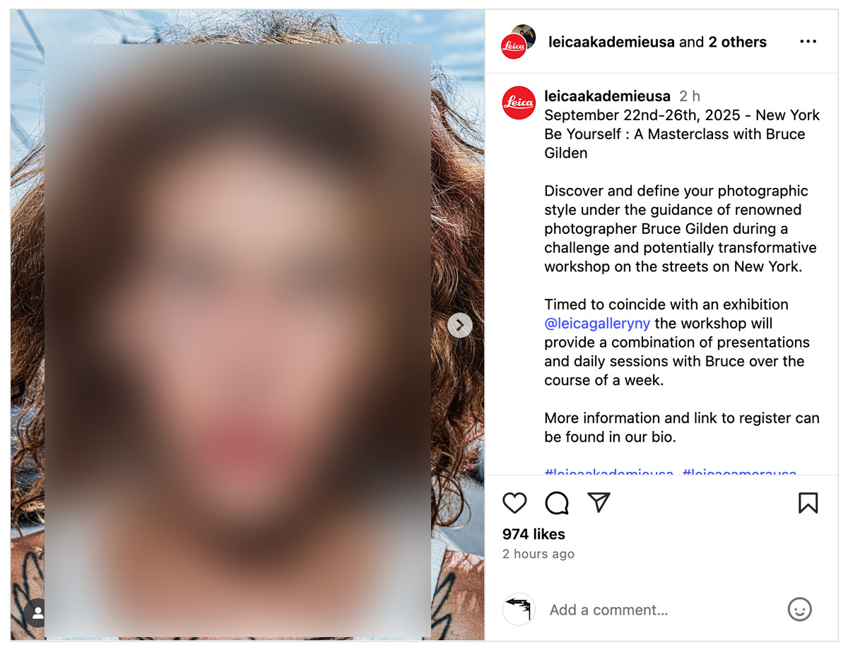 Leica Instagram post advertising Bruce Gilden masterclass.