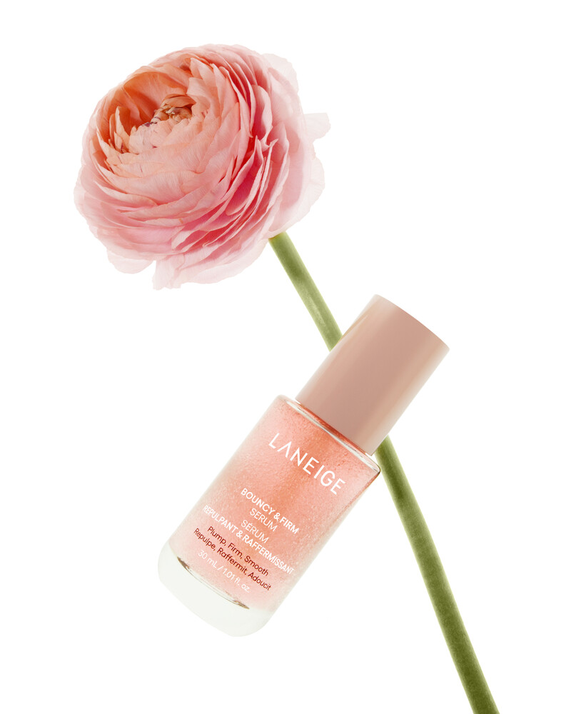 Pink ranunculus on a green stem beside a Laneige skincare bottle with a peach-pink cap against a white background