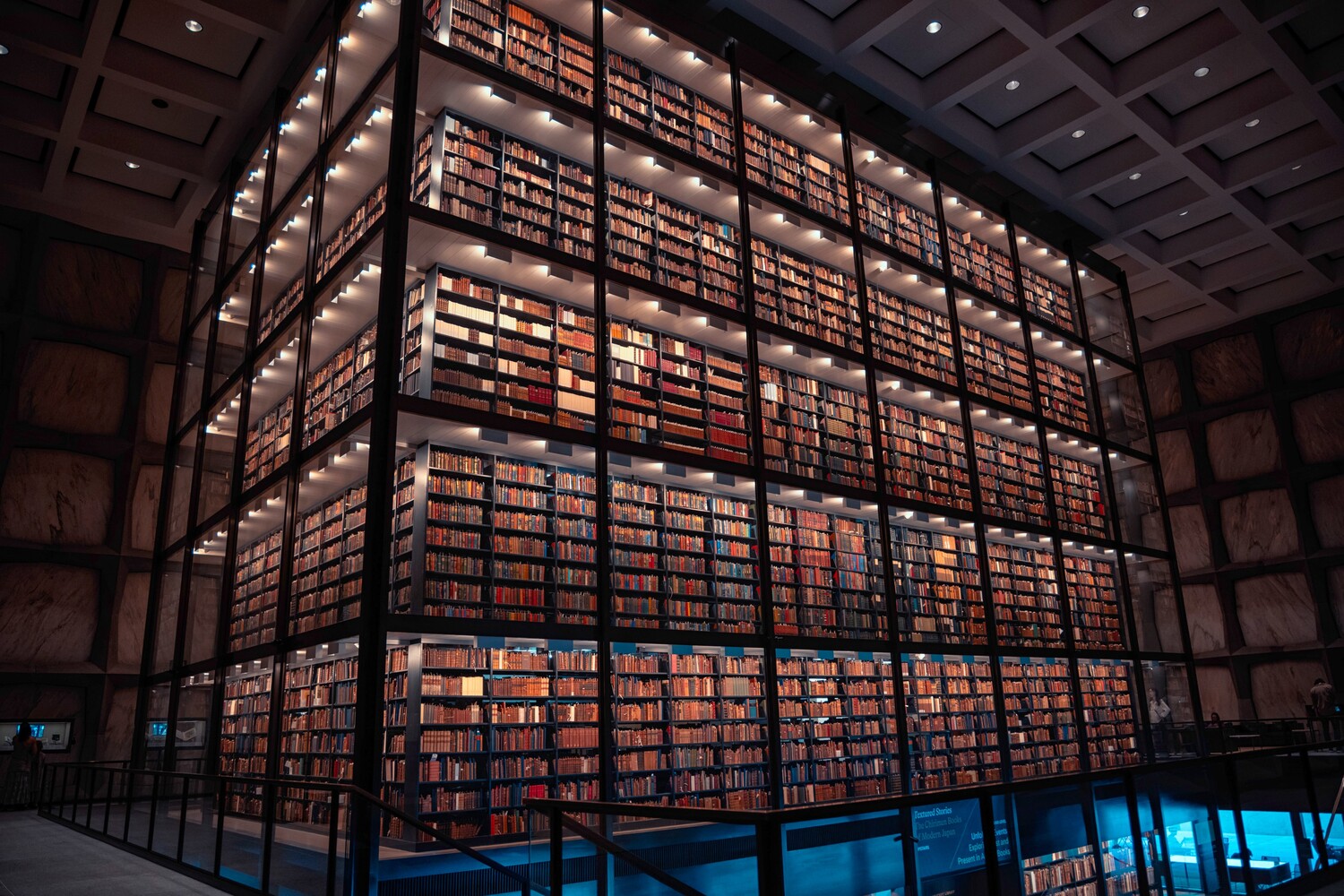Modern library interior with illuminated floor-to-ceiling bookshelves and blue accent lighting