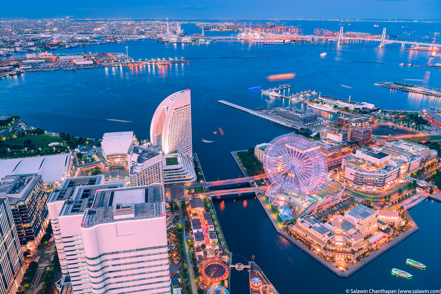 Aerial view of Yokohama Minato Mirai 21 at twilight Salawin
