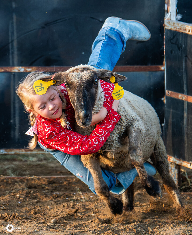 Child in cowboy hat and red bandana posing playfully with a goat wearing blue clothing