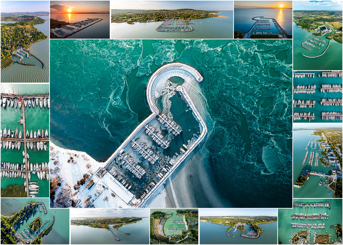 Aerial view of a large curved marina with boat slips arranged in a horseshoe pattern surrounded by turquoise water