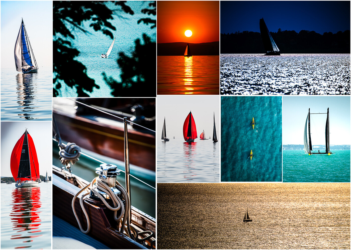 Collage of sailing boats in various lighting conditions and compositions