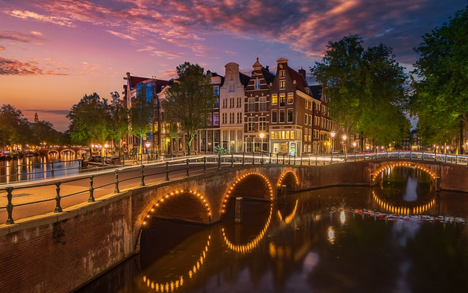 Beautiful sunset over Amsterdam canals