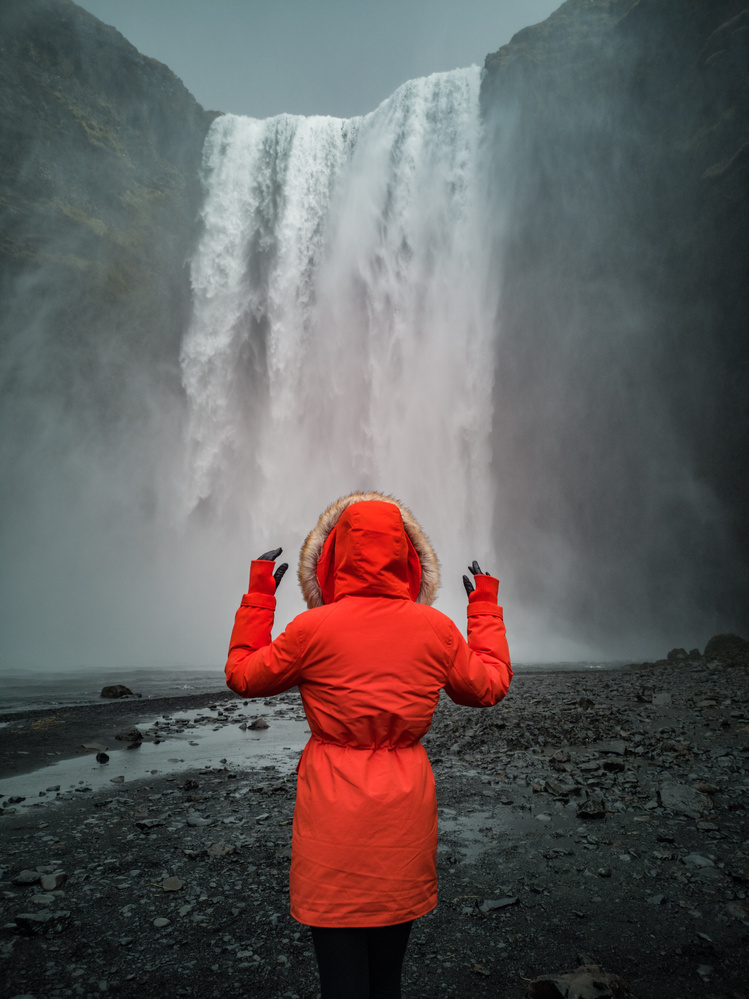 View Red Coat Under the Waterfall by Kovács Apor