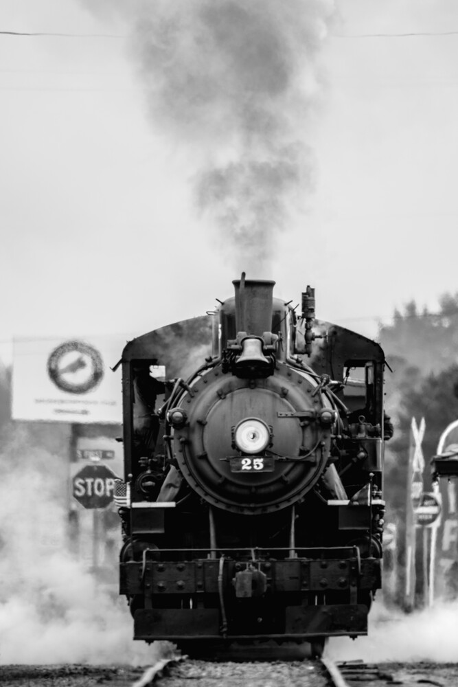 Front view of a steam locomotive billowing heavy smoke against overcast sky