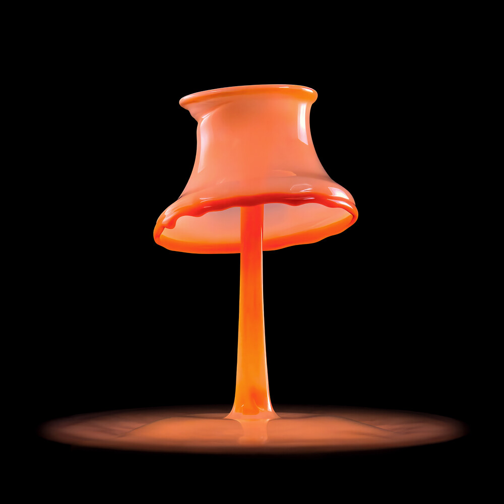 Illustration of an orange table lamp with glowing base against black background