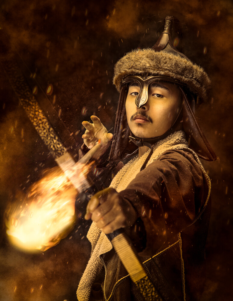 Illustration of a figure in medieval winter clothing casting magical fire from their hand