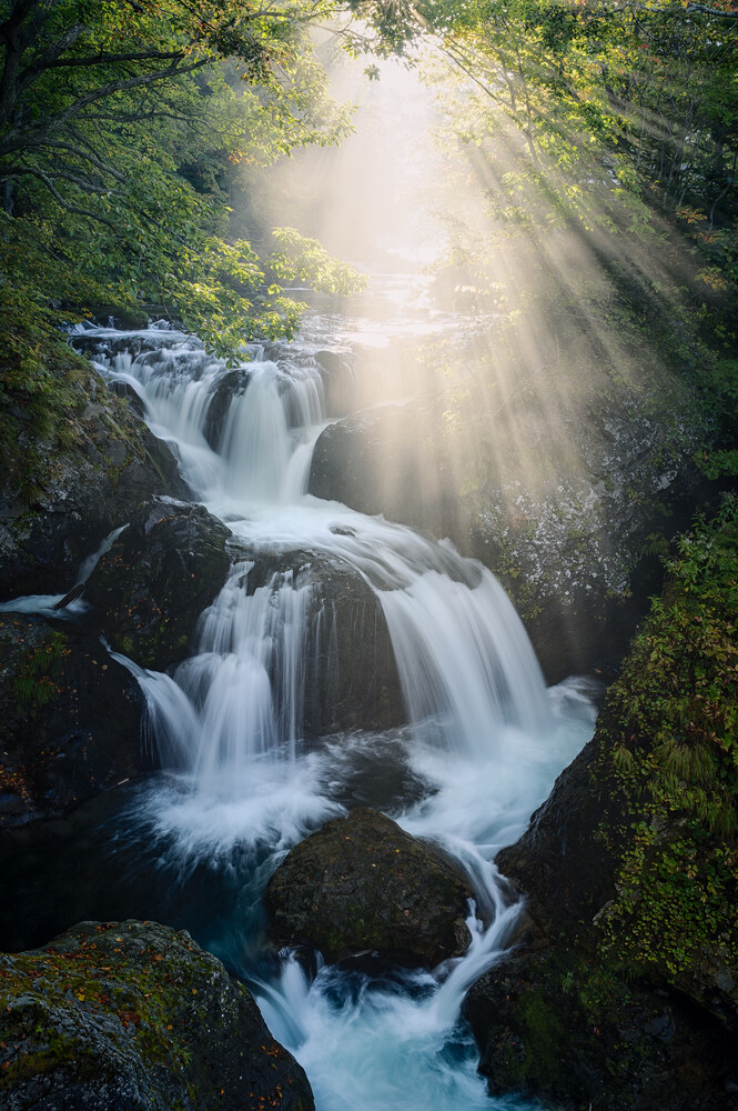 Cascading waterfall flowing through moss-covered rocks beneath a forest canopy with dramatic volumetric light rays