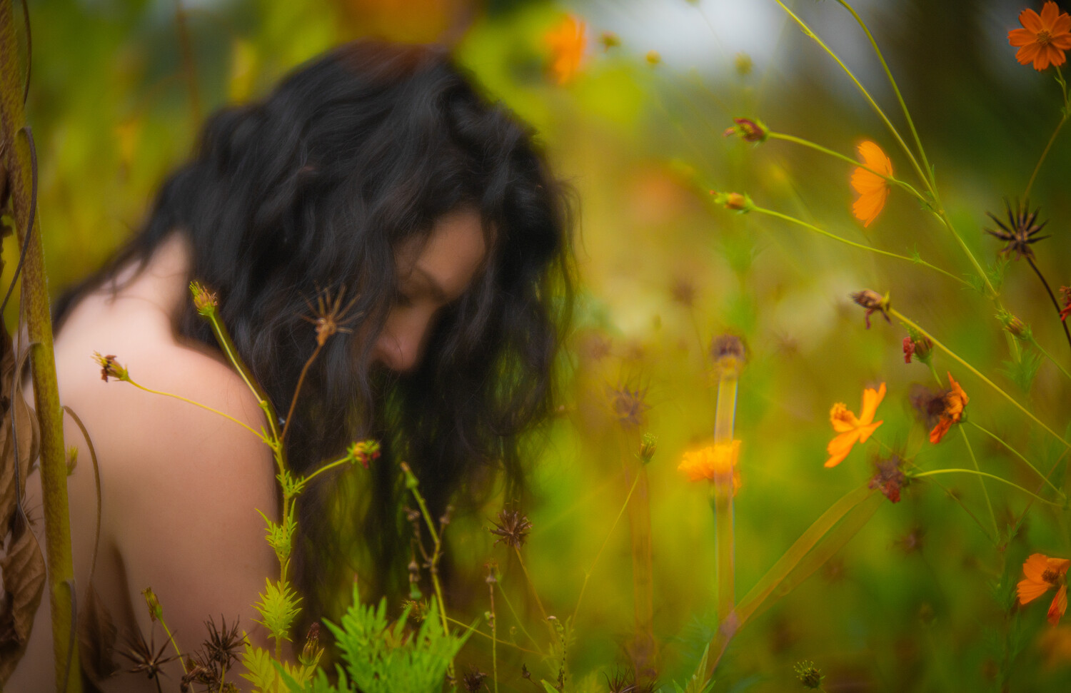 Woman with long dark hair and bare shoulder, head bowed, standing among orange wildflowers in a soft-focus green field