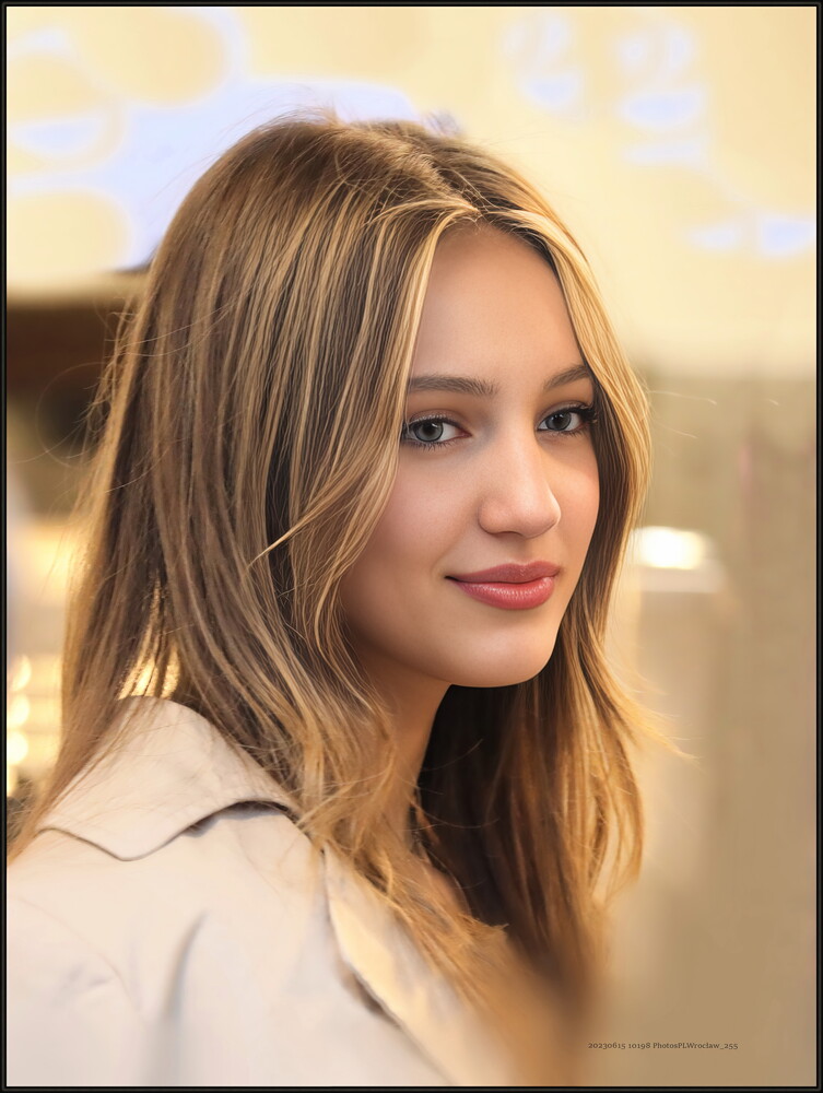 Woman with long blonde hair in white shirt, photographed indoors with warm golden lighting