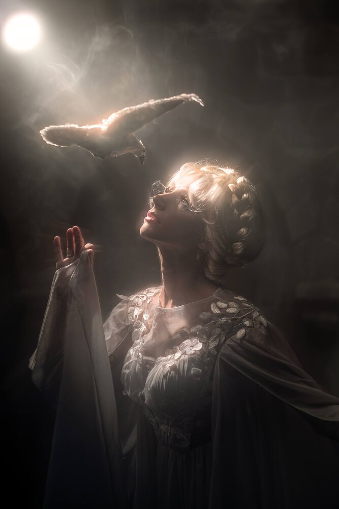 Woman with pale blonde hair and a lace-trimmed white gown gazes upward as a pale bird hovers above her in a dark, hazy setting.