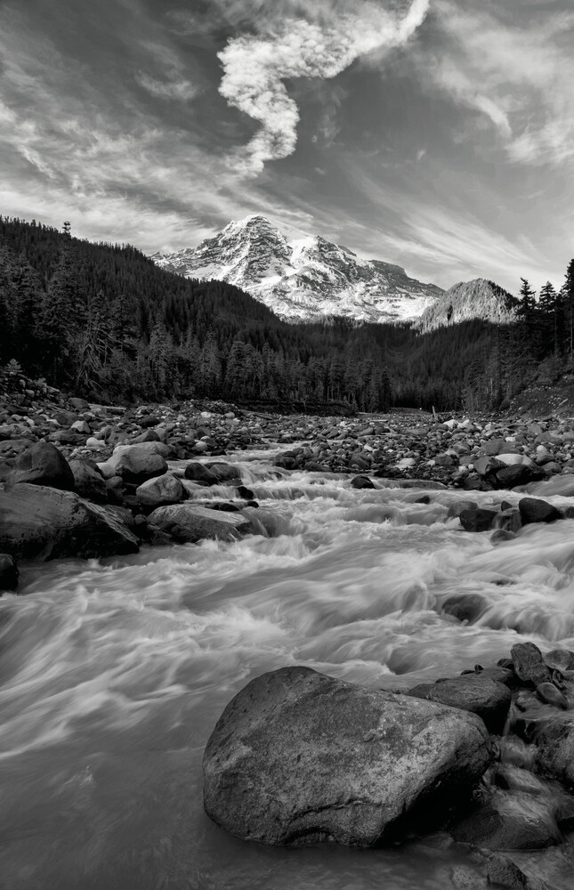 Black and white view of a snow-capped peak above dark conifers, with a rushing river over boulders in the foreground.