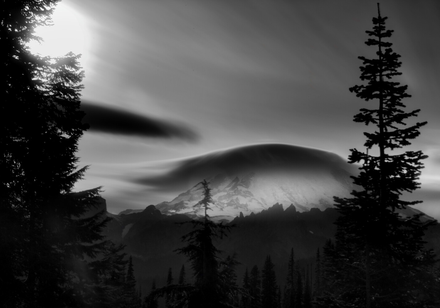 Black-and-white view of a snow-capped mountain under a smooth lenticular cloud, framed by dark silhouetted evergreen trees.