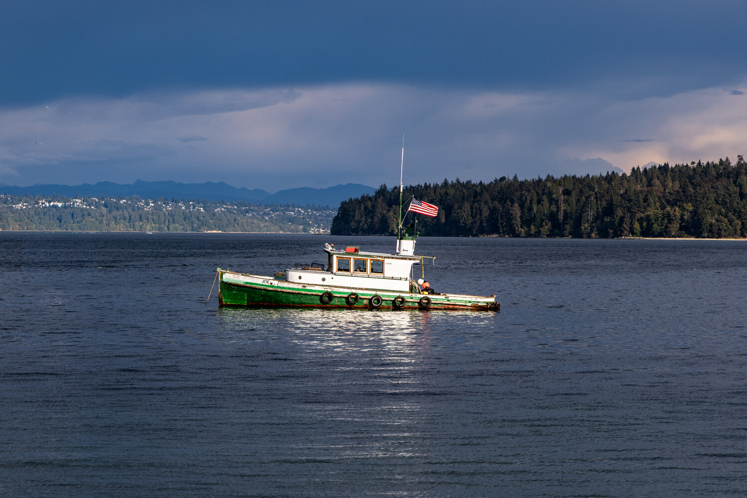 Green and white tugboat anchored in calm blue water with forested shoreline and mountains in background