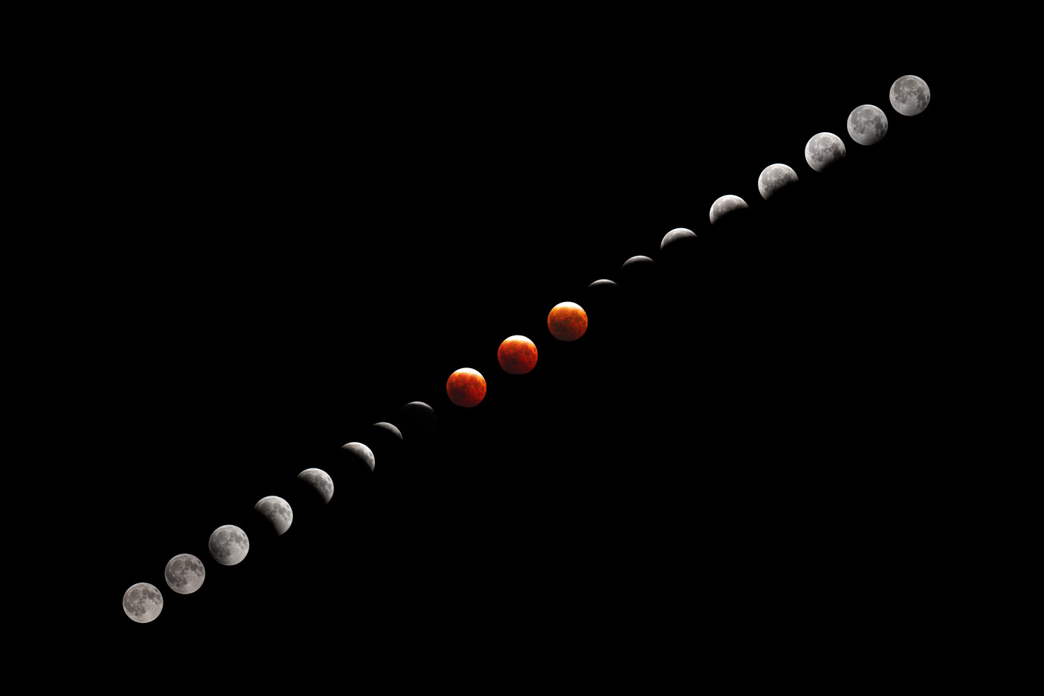 Lunar eclipse sequence showing moon phases from shadow to full red coloration across diagonal composition