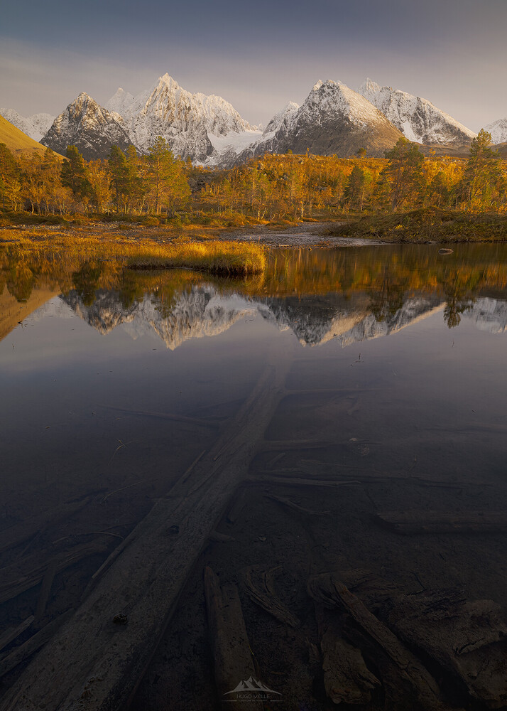Snow-capped mountain peaks reflected in still water with golden autumn foliage
