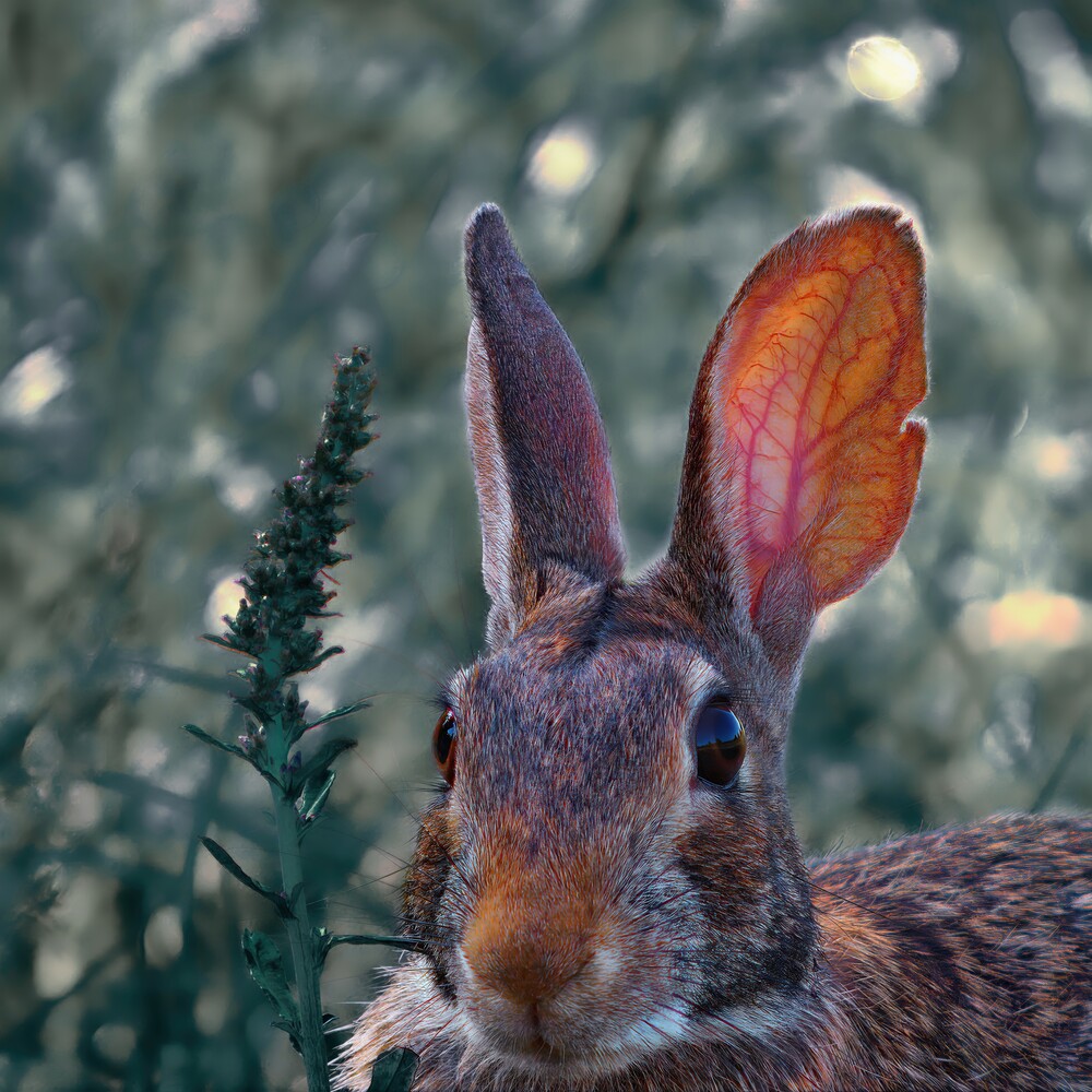Close-up portrait of a rabbit with translucent ears backlit by warm sunlight