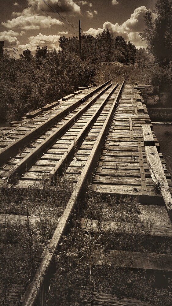 Abandoned railroad tracks stretching into the distance with overgrown vegetation and dramatic cloudy sky