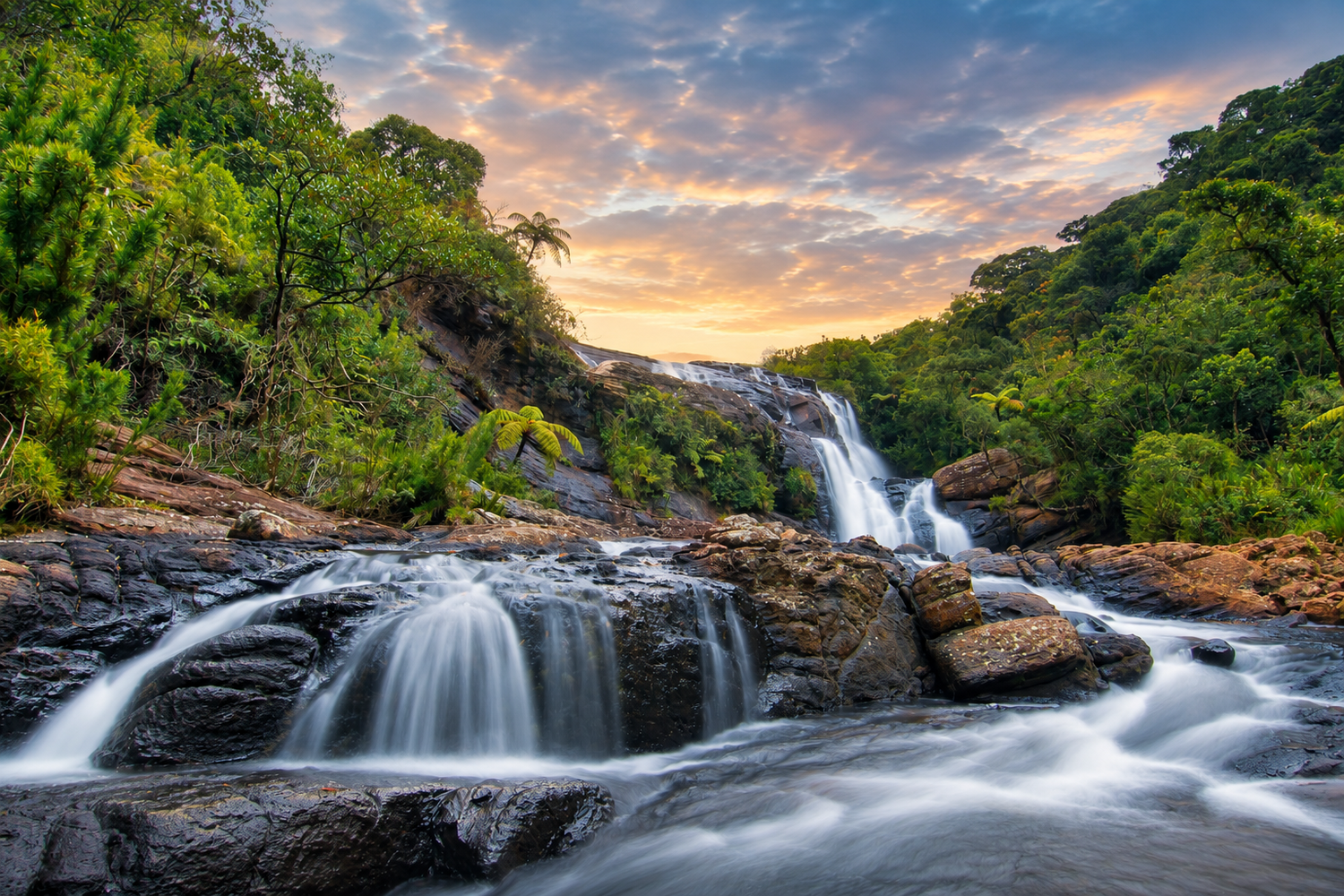 Cascading waterfall with long exposure flowing water surrounded by dense green forest