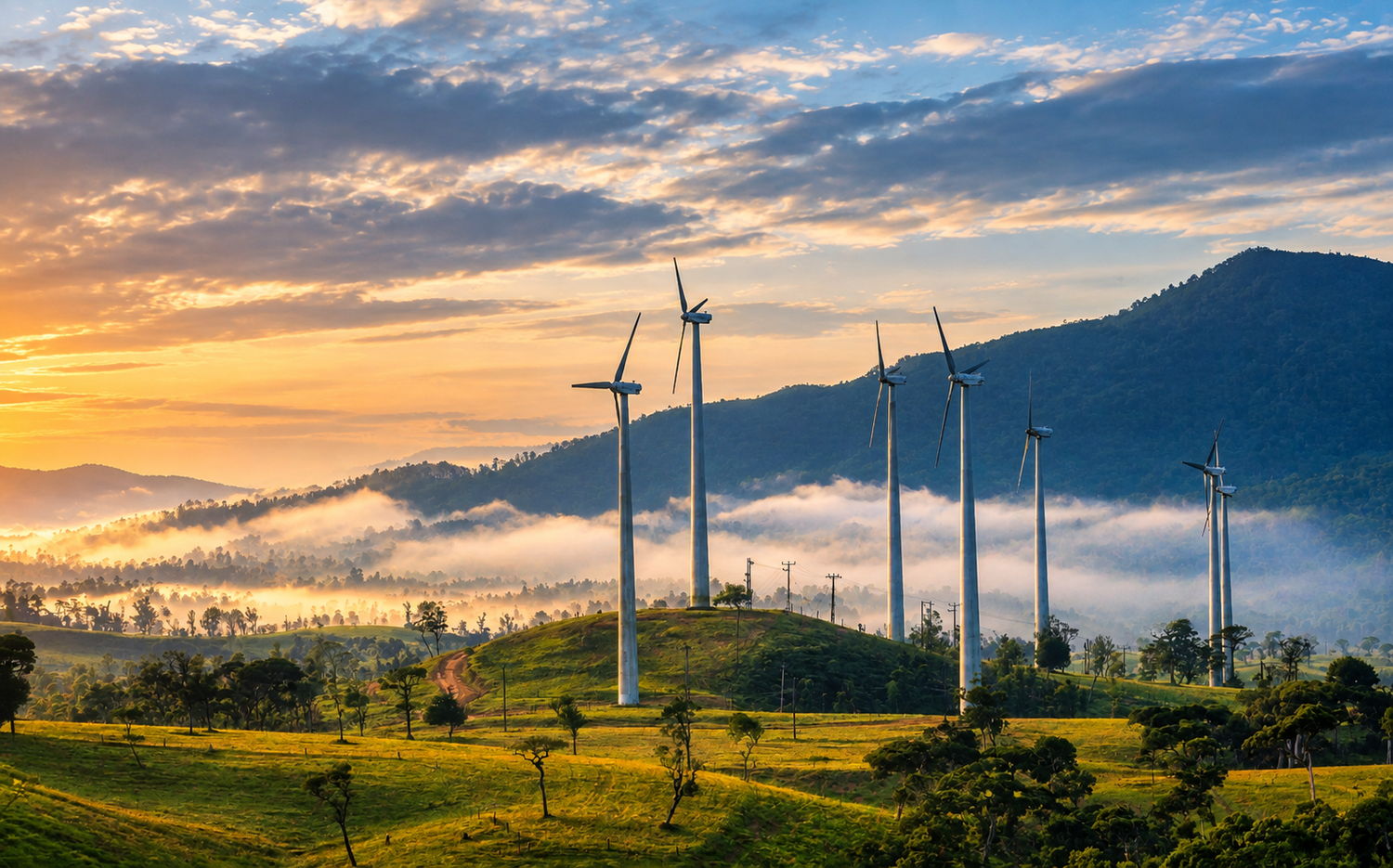 Wind turbines silhouetted against golden sunrise over misty valley landscape