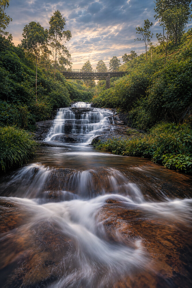 Cascading waterfall flowing through dense forest with misty water effect and layered rock formations