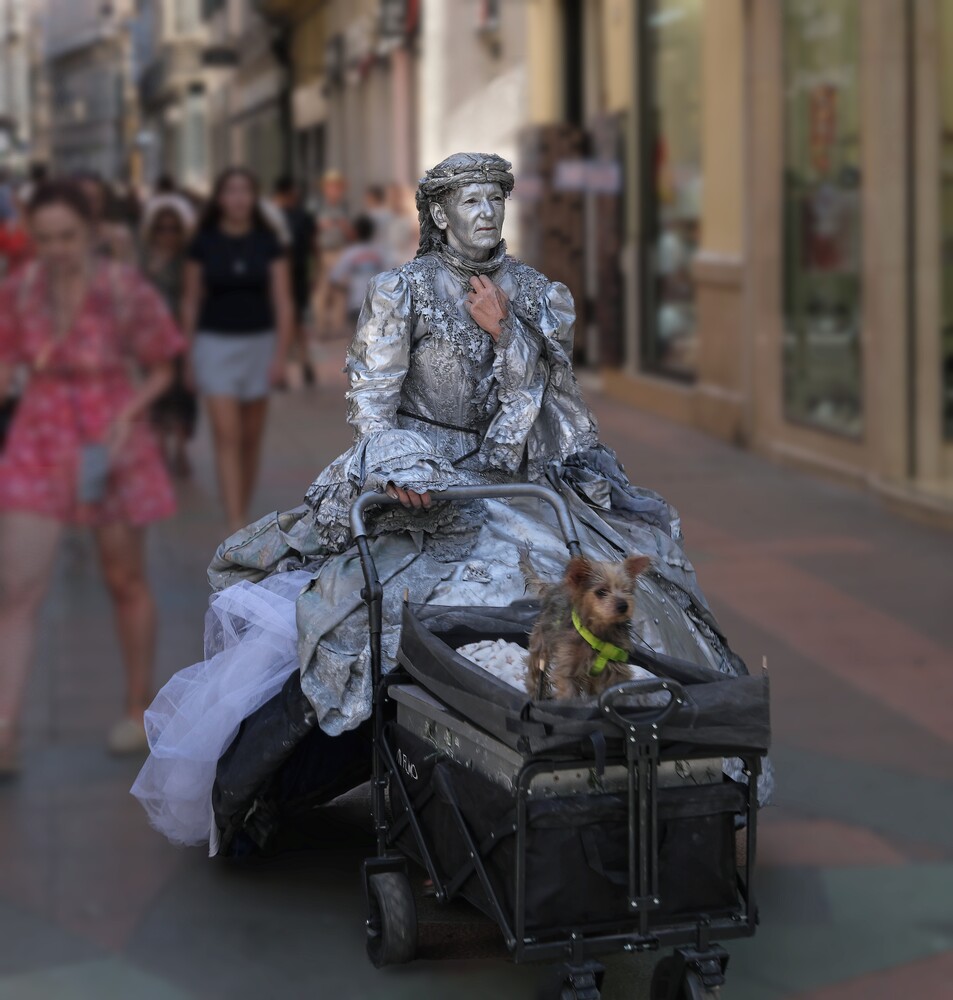 Street performer covered in silver paint sitting on a wheeled trunk in an urban pedestrian street