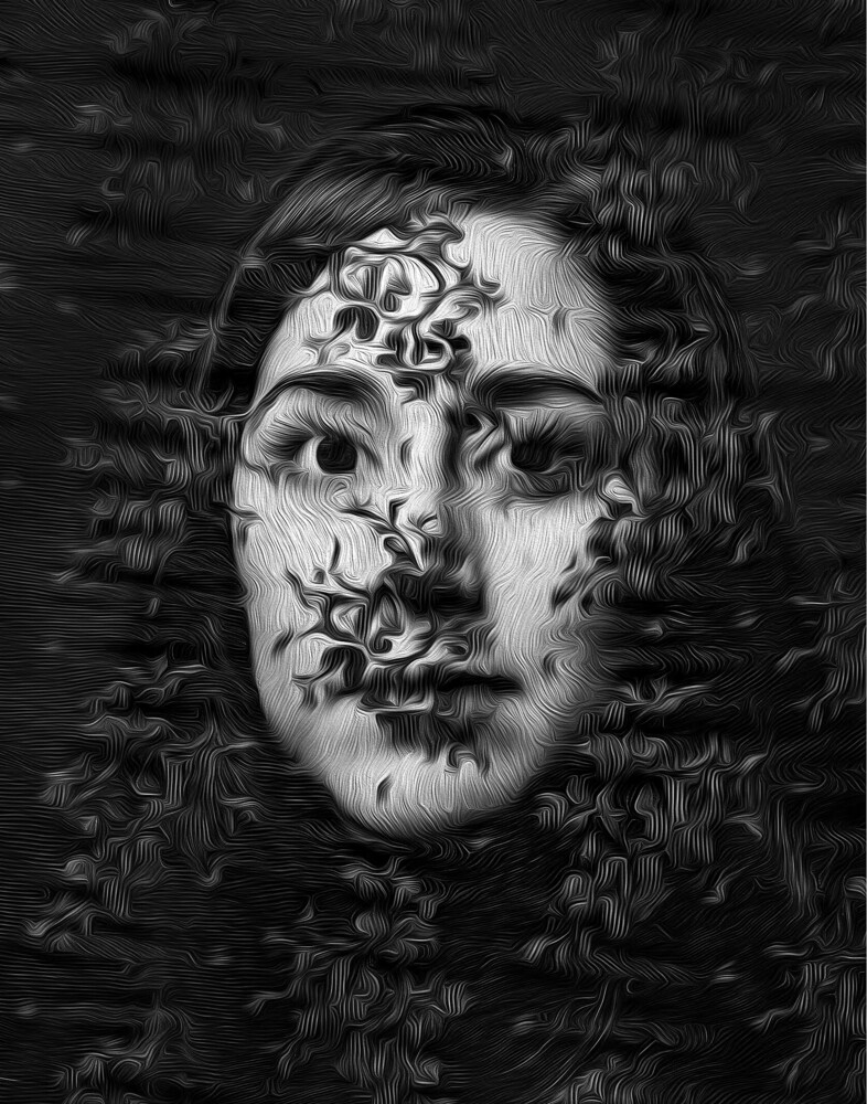 Black and white portrait of a woman's face partly covered by dark leafy vines, with a painterly, textured finish