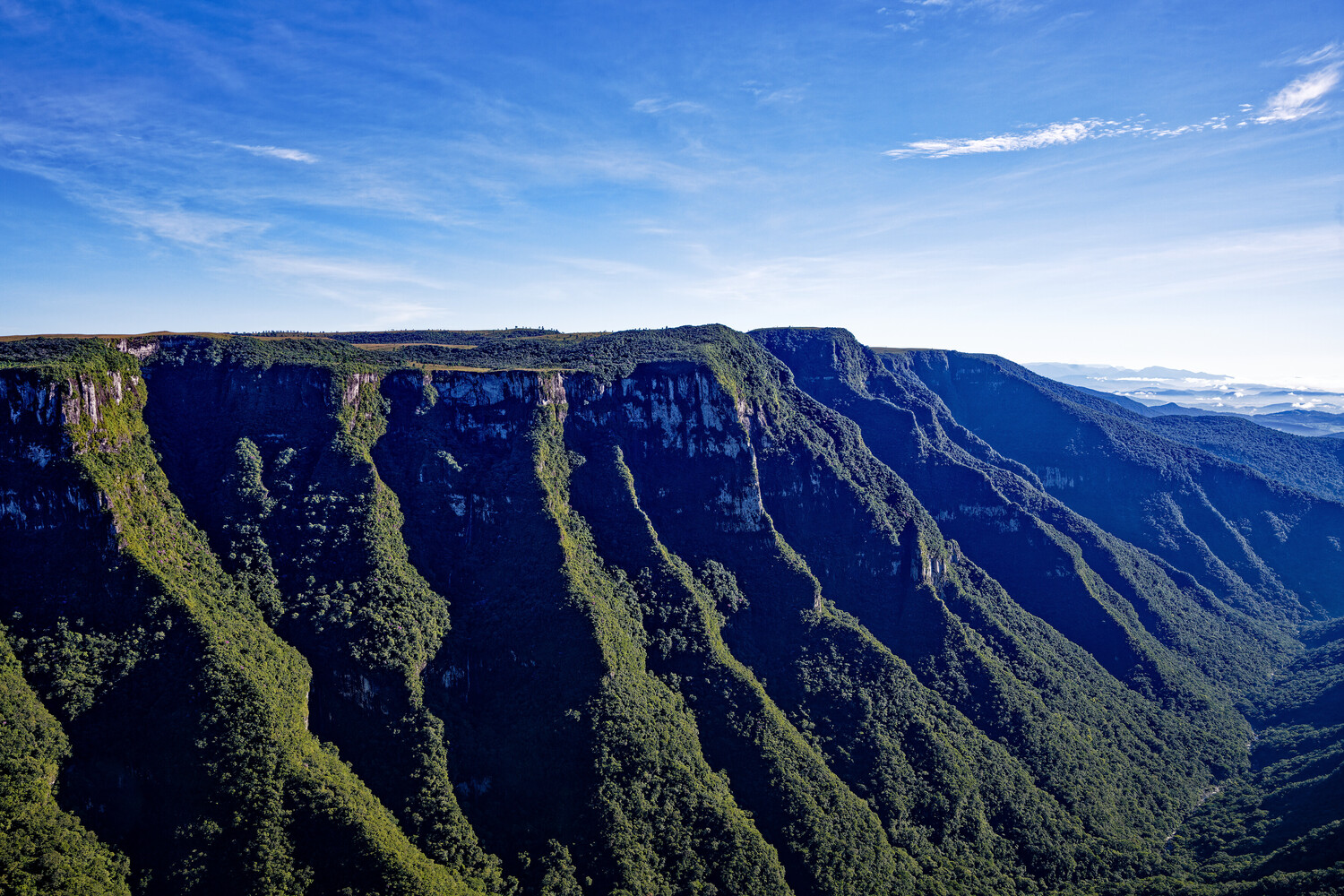 Aerial view of a deep green canyon with layered cliff walls and a flat-topped plateau rim under a blue sky with wispy clouds.