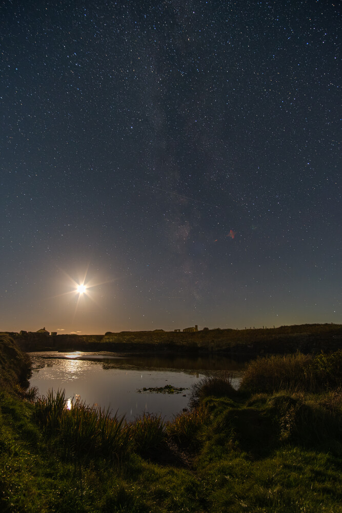 Night sky over a calm lake with a glowing moon and the Milky Way arching above a dark grassy shoreline