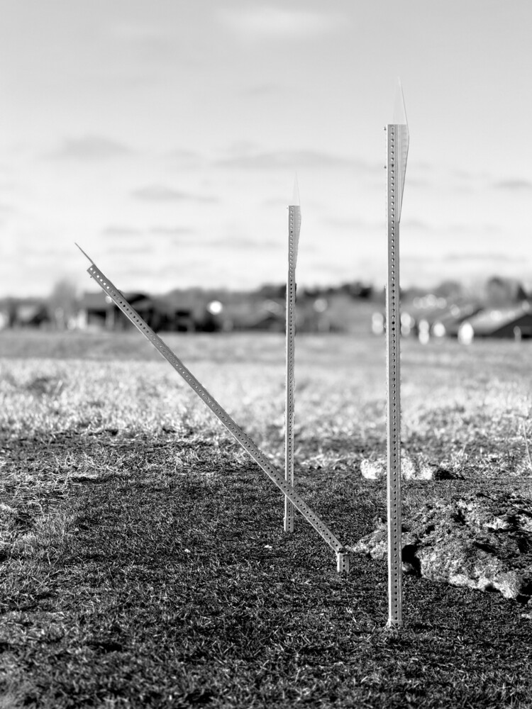 Wooden stakes cast shadows on sandy ground in black and white